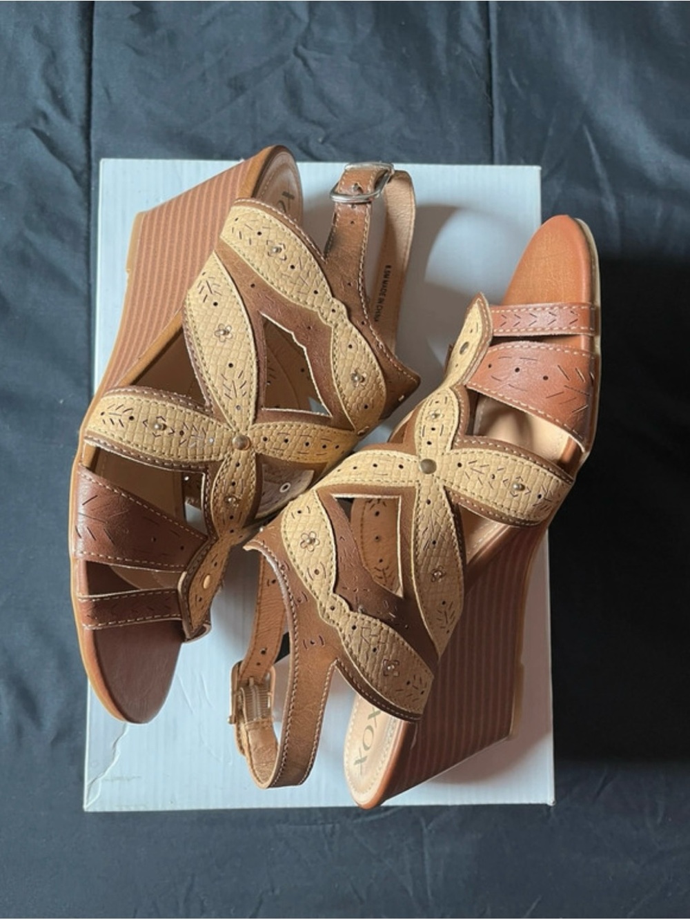 XOXO Two-Tone Tan and Brown Wedge Sandals